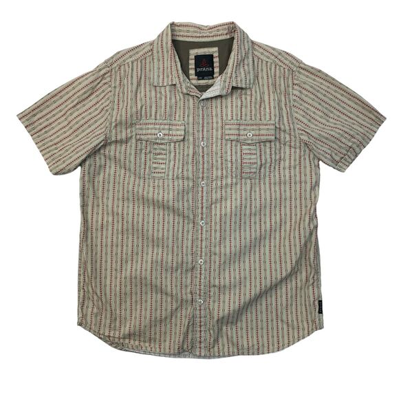 Prana Shirt Mens L Large Herb Red Organic Cotton Stripes Button Up Short Sleeve - Picture 1 of 12